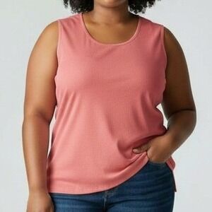 MISOOK Women Tank Top XL Coral Pink Ribbed Knit Sleeveless Minimalist Layering